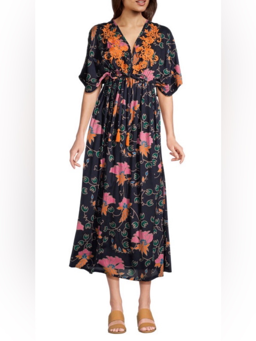 World Market Mira Kaftan Dress L/XL Black Pink Floral Embroidered Boho Maxi EUC